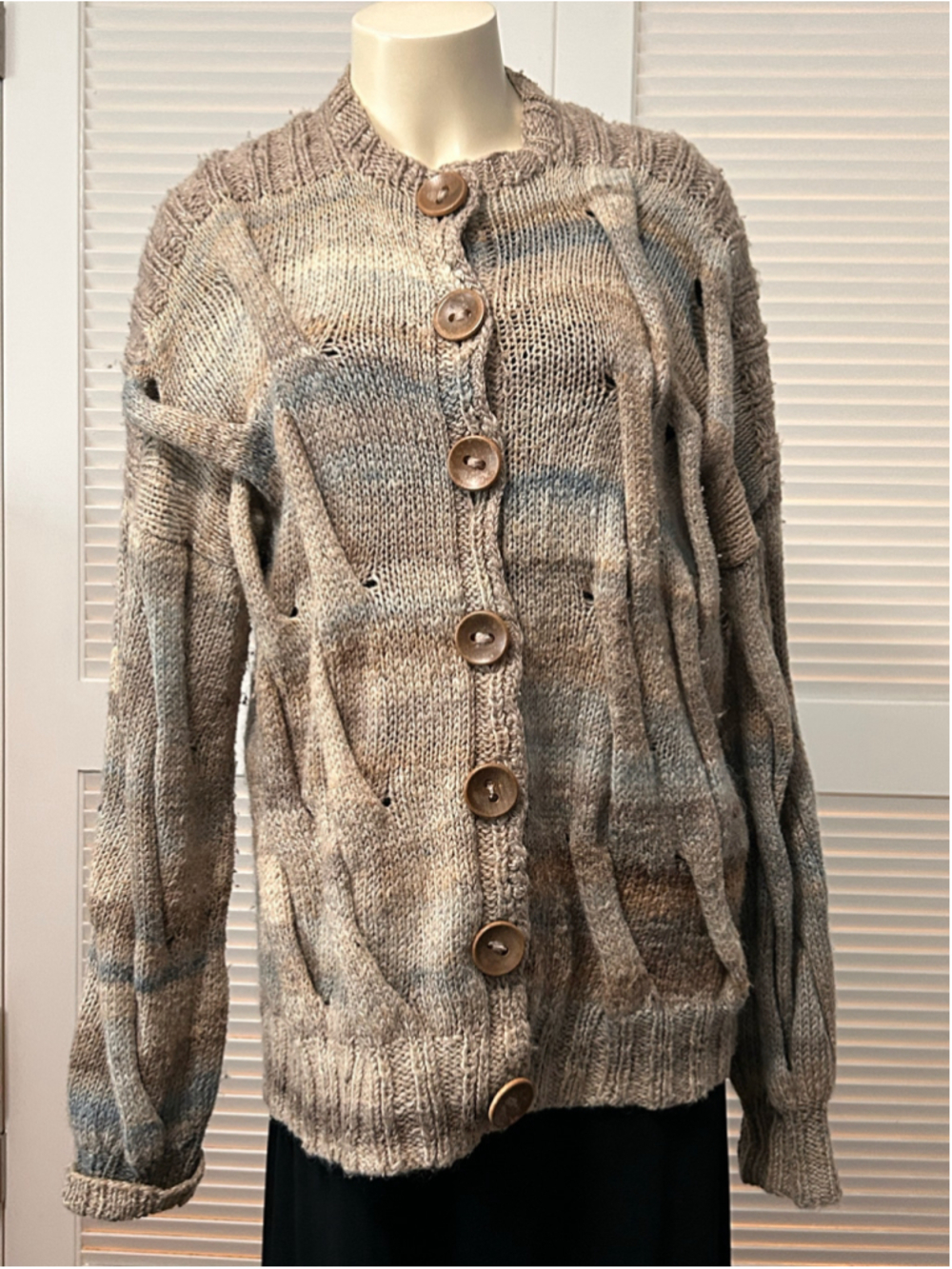 Handmade Boho Knit Cardigan Open Knit Textured Button Front Blue Beige XL